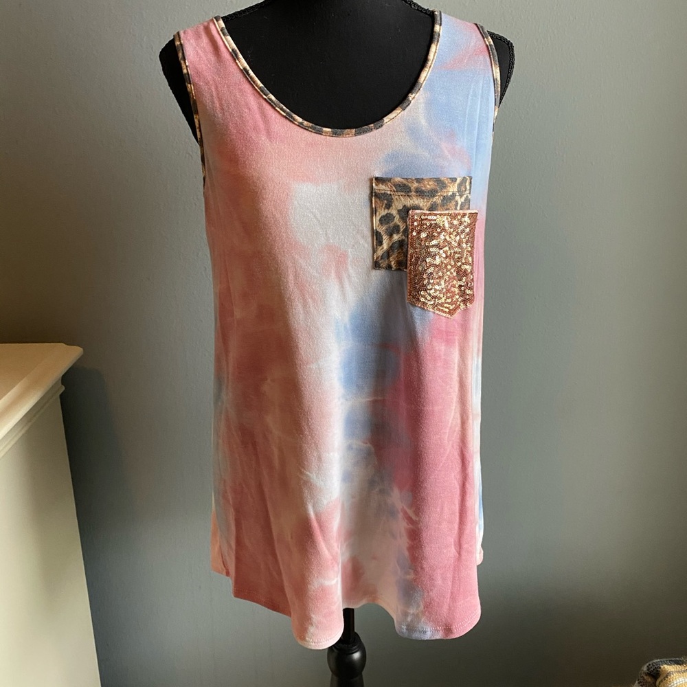 Flowy Tie Dye Tank Top with Leopard and Sequin Accents